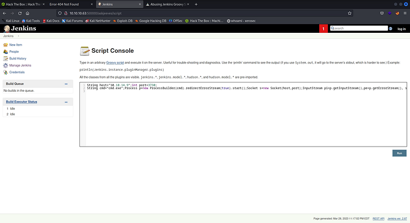 Figure 8. Executing the Groovy reverse-shell payload in the Jenkins Script Console.