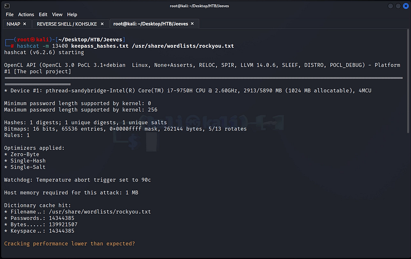 Figure 15. Launching Hashcat against the KeePass hash (mode 13400).