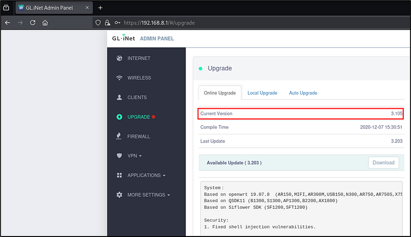 Figura 4: Firmware GL-iNet desactualizado versión 3.105, la superficie de ataque inicial.