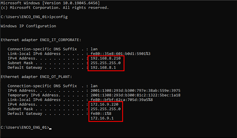Figura 2: Salida de ipconfig en la estación de ingeniería Windows 10 mostrando ambas interfaces de red IT/OT.