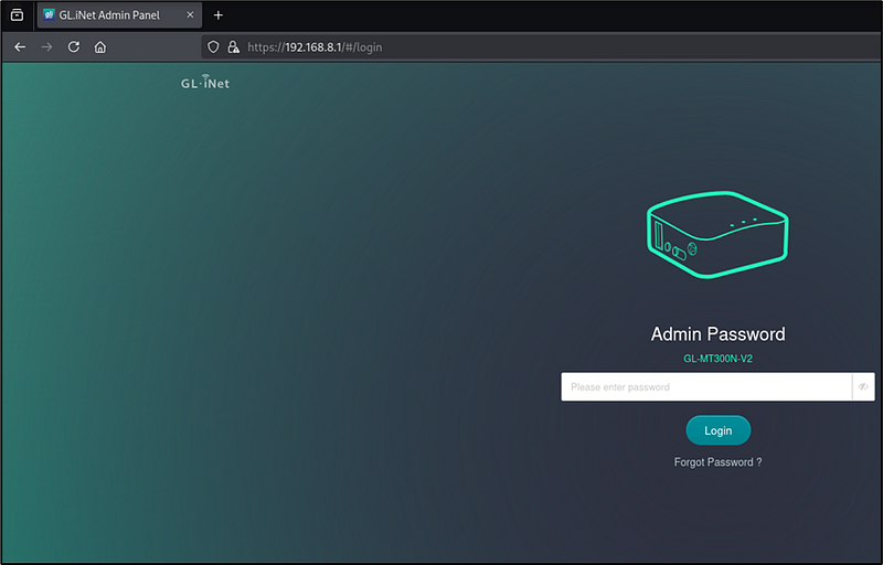 Figura 3: Panel de administración GL-iNet mostrando la pantalla de login por defecto.