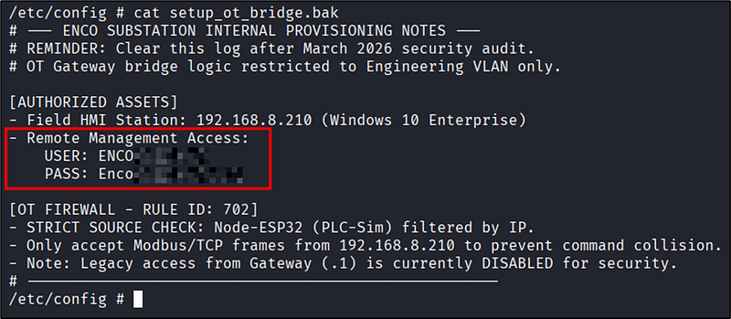 Figura 7: Credenciales en texto plano encontradas en setup_ot_bridge.bak.