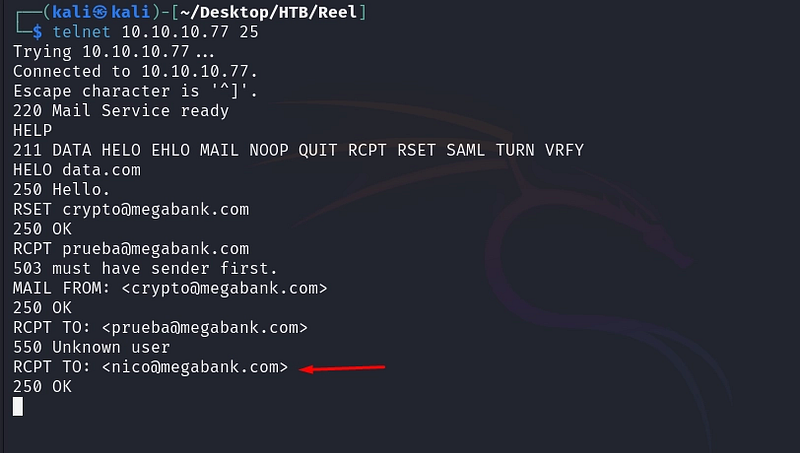 Figure 6. Validating mailboxes through the SMTP service over telnet.