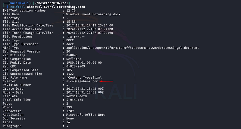 Figure 5. exiftool reveals the document’s author email address (nico@megabank.com) in the metadata.