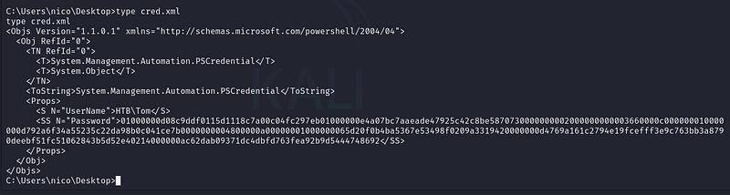 Figure 13. A stored PSCredential object (cred.xml) found in nico’s profile.