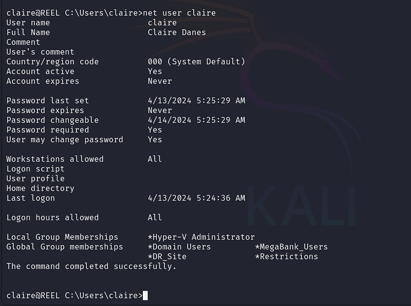 Figure 22. Confirming the password change took effect on claire’s account.