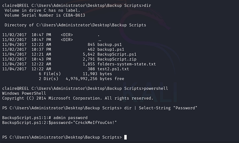 Figure 27. Searching the backup scripts and finding a cleartext administrator password.