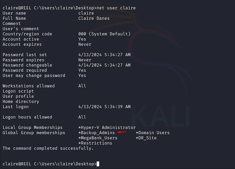 Figure 26. Confirming claire is now a member of Backup_Admins.