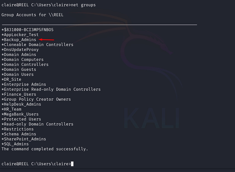 Figure 24. Enumerating domain groups; Backup_Admins is our target.
