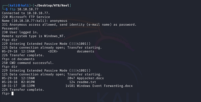Figure 2. Authenticating to the FTP service with anonymous access.