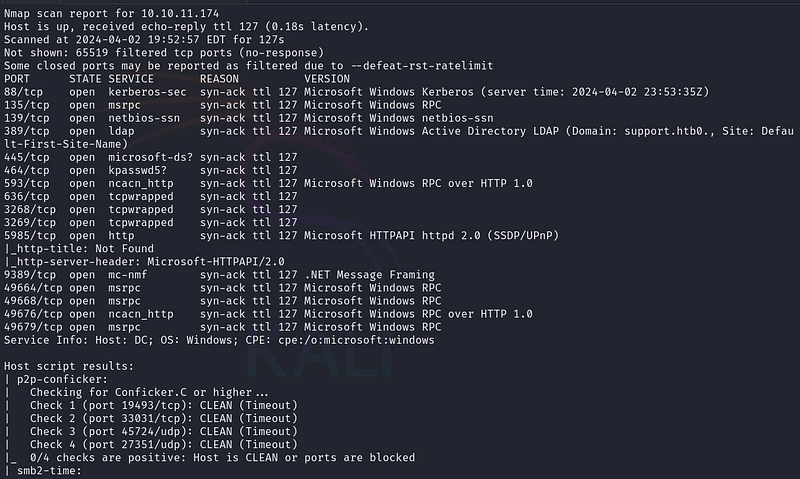 Nmap confirms a Windows Domain Controller and the support.htb domain.