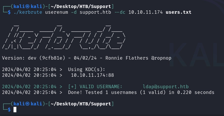 kerbrute validating usernames against the domain controller.