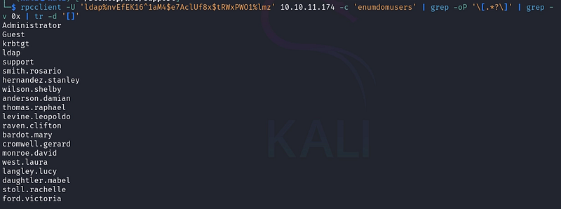 A clean list of domain usernames extracted from rpcclient.