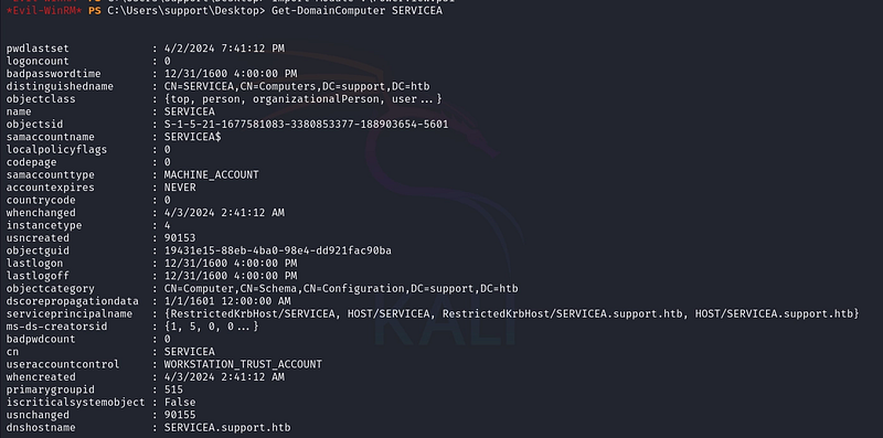 Confirming the SERVICEA machine account in the directory