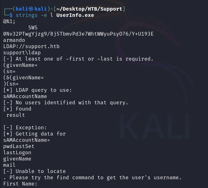 strings -e l leaks the LDAP user, a Base64 blob and the key “armando”.